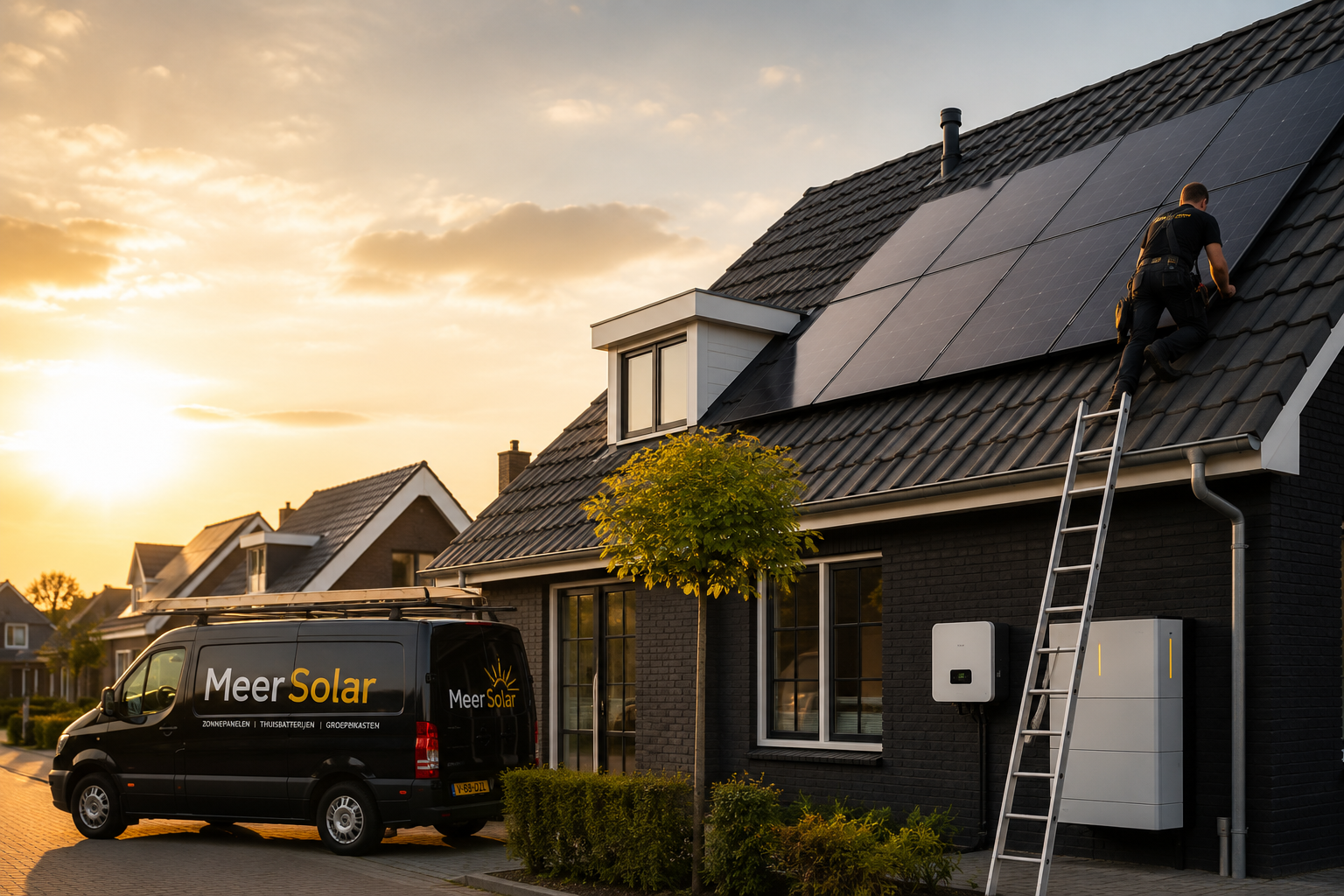 Monteur van Meer Solar installeert zonnepanelen op een woning met thuisbatterij en bedrijfsbus in de regio Steenwijk