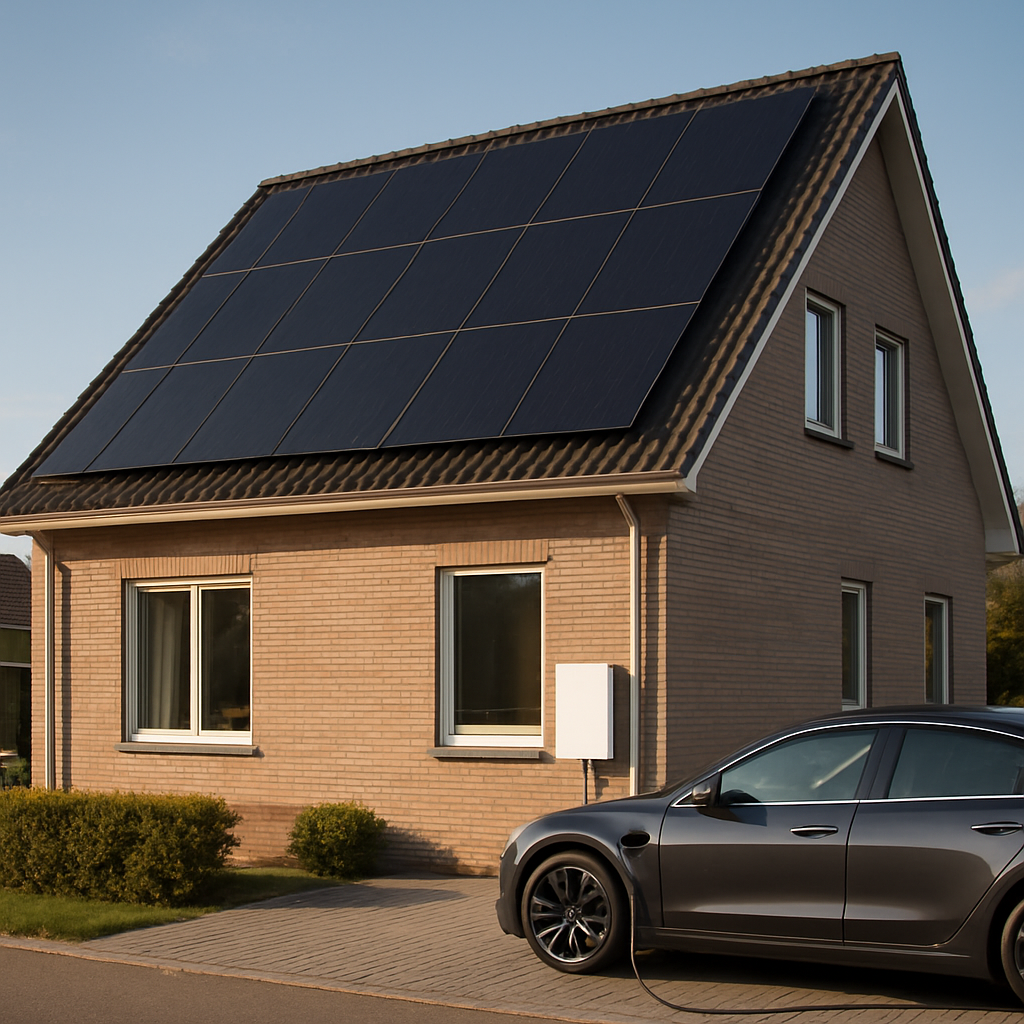Woning met zonnepanelen op het dak, een thuisbatterij aan de gevel en een auto op de oprit