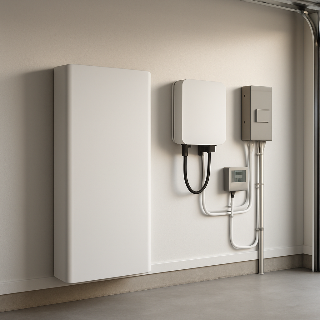 Thuisbatterij met omvormer en nette elektrische installatie aan de wand